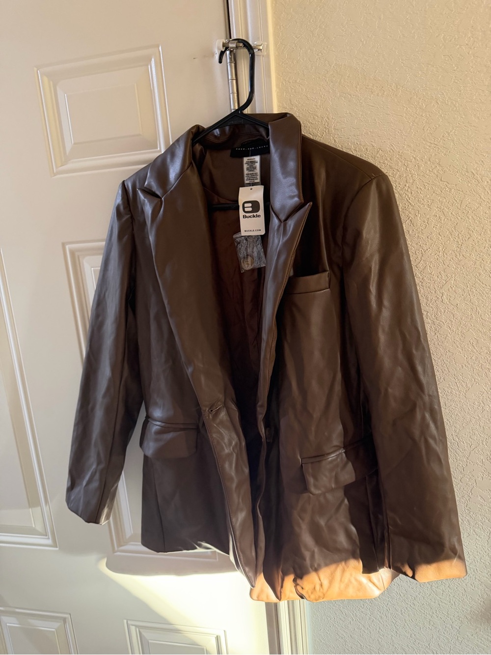 Buckle Brown Leather Blazer Jacket